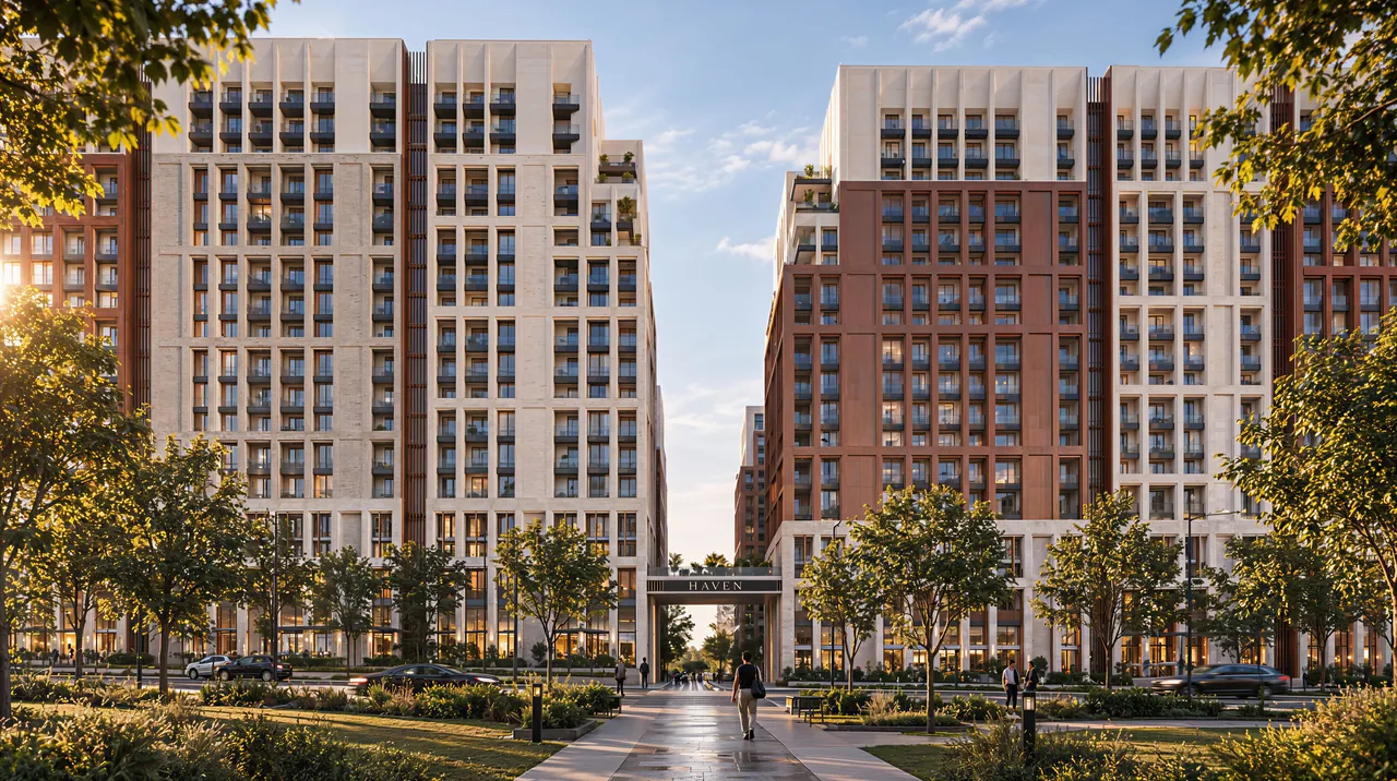 Двор-каньон HAVEN с мостом-переходом в золотой час