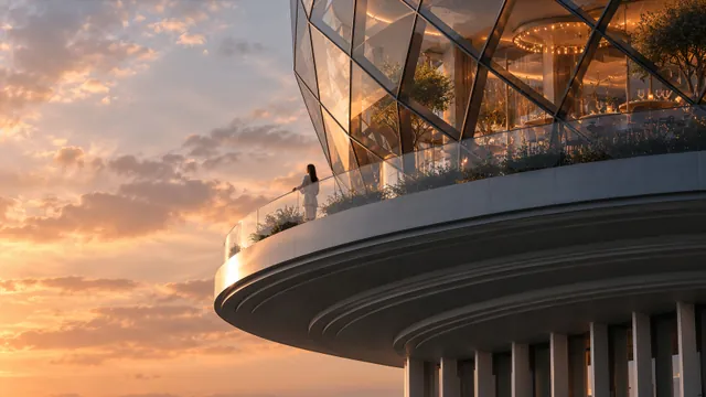Круглая терраса под стеклянной сферой HAVEN на фоне закатного неба